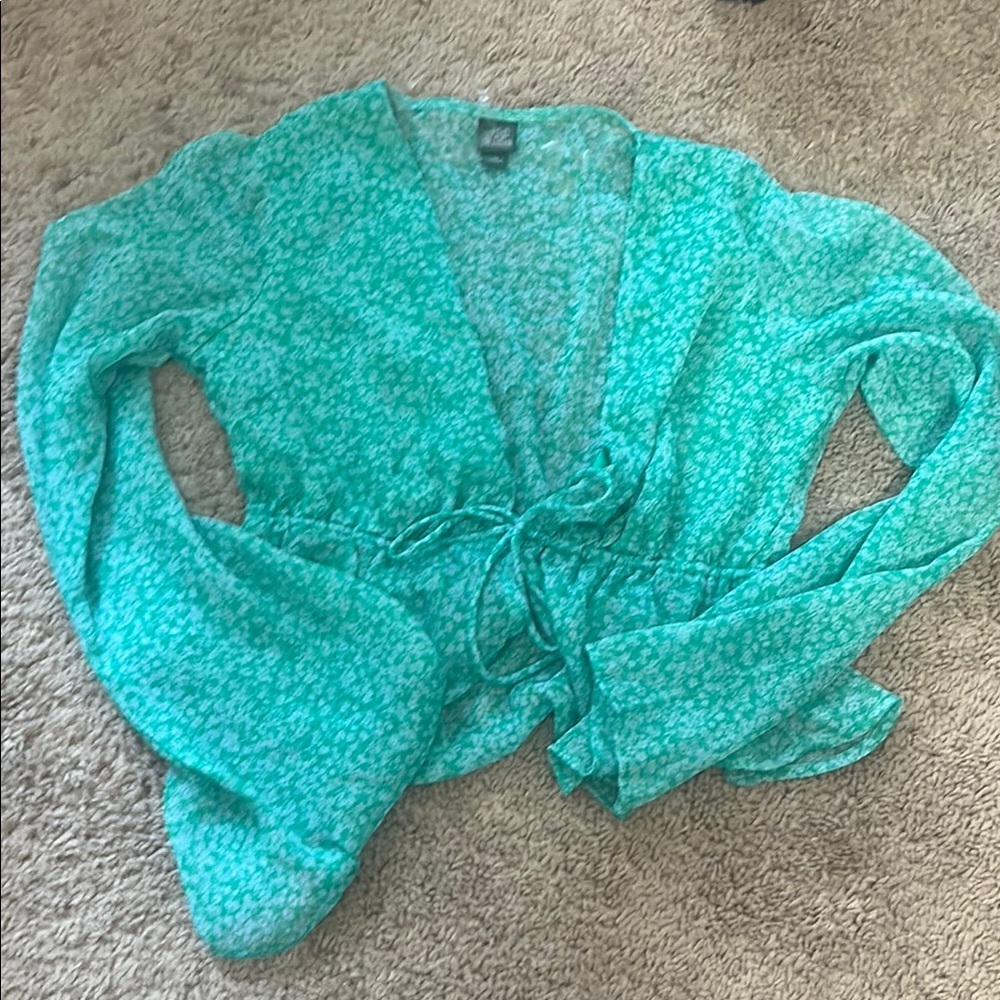 Target - Wild Fable Floral Tie Front Bell Sleeve Blouse, Green/Blue - Picture 4 of 5